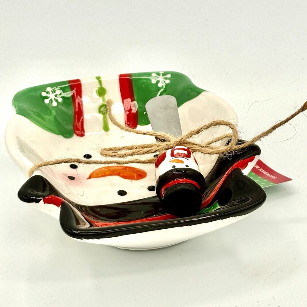 New Sleigh Bell Bistro Ceramic Christmas Snowman Dish With Spreader 2014 - Picture 7 of 8